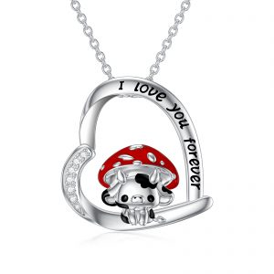Cute Cow Pendant Necklace in 925 Sterling Silver - Adorable Mushroom Animal Jewelry for Women and Girls