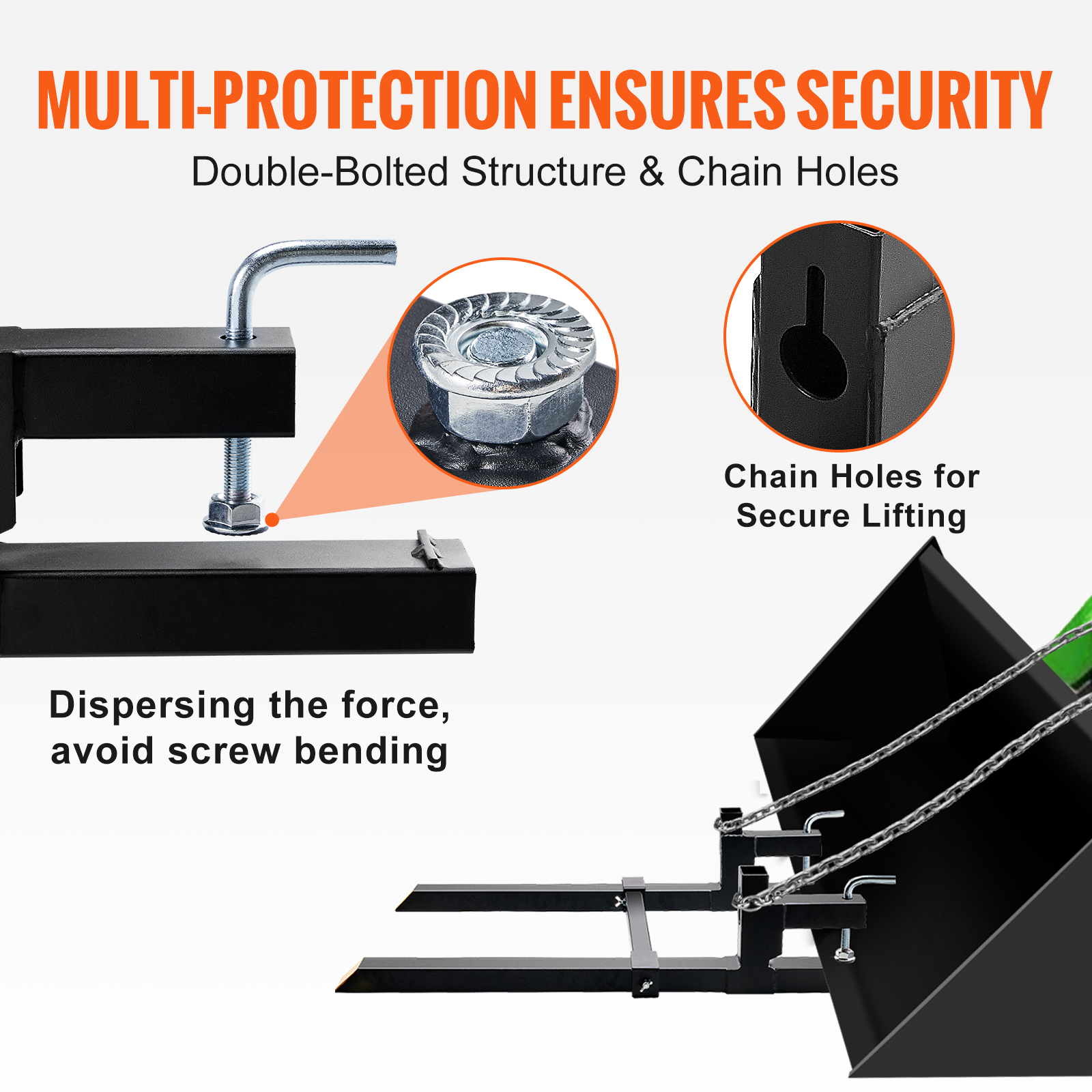 VEVOR Pallet Forks - 2000 Lbs Clamp-On Forks for Tractors, 43" Length with Adjustable Stabilizer Bar, Heavy Duty Attachments for Skid Steer and Loader Buckets - Image 6