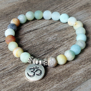 Handmade Matte Amazonite Stone Strand Bracelet - Yoga Chakra Mala OM Lotus Beaded Charm Jewelry for Men & Women