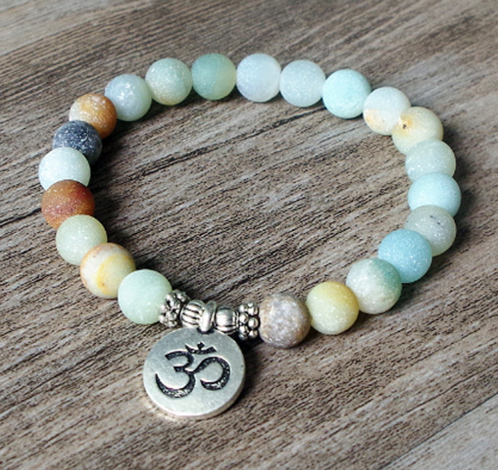 Handmade Matte Amazonite Stone Strand Bracelet - Yoga Chakra Mala OM Lotus Beaded Charm Jewelry for Men & Women