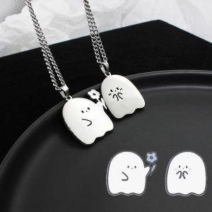 Adorable Stainless Steel Ghost Couple Necklace - Kawaii Cat Pendant for Lovers & Friendship Jewelry Gifts