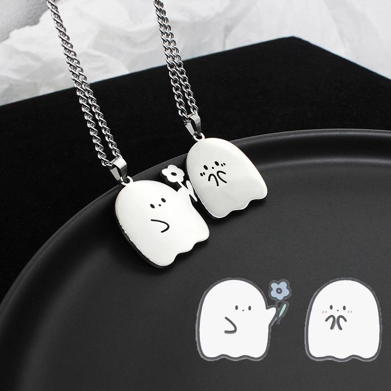 Adorable Stainless Steel Ghost Couple Necklace - Kawaii Cat Pendant for Lovers & Friendship Jewelry Gifts