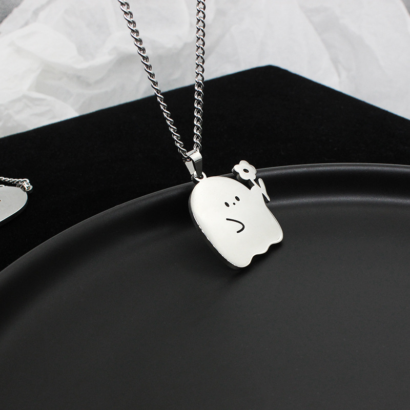 Adorable Stainless Steel Ghost Couple Necklace - Kawaii Cat Pendant for Lovers & Friendship Jewelry Gifts - Image 2