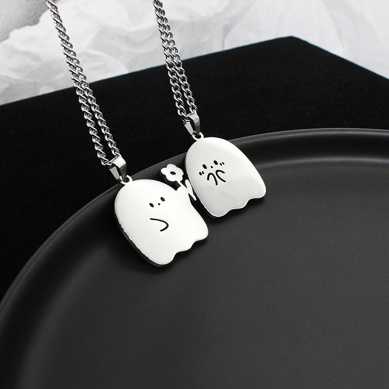 Adorable Stainless Steel Ghost Couple Necklace - Kawaii Cat Pendant for Lovers & Friendship Jewelry Gifts - Image 4