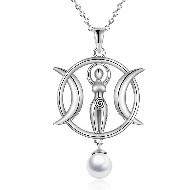 Triple Moon Goddess Amulet Necklace - Wizard Pendant with Shell Pearl for Women