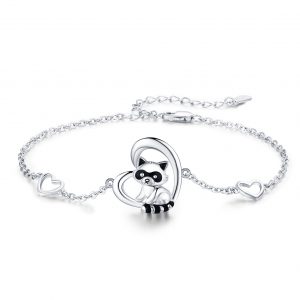 925 Sterling Silver Heart Charm Raccoon Bracelet - Perfect Animal Jewelry Gift for Women, Girls, and Teens