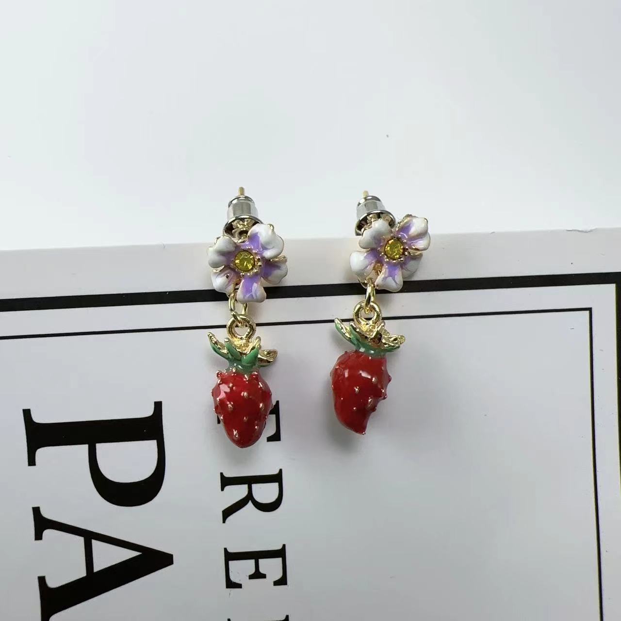 Cute Drop Oil Strawberry Flower Stud Earrings for Women - All-Match Style - Image 4