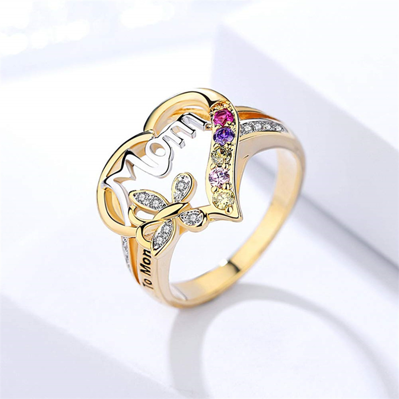 Mother's Day Gift Hollow Heart English Letter Love Mom Rhinestone Butterfly Ring Jewelry for Her - Image 5