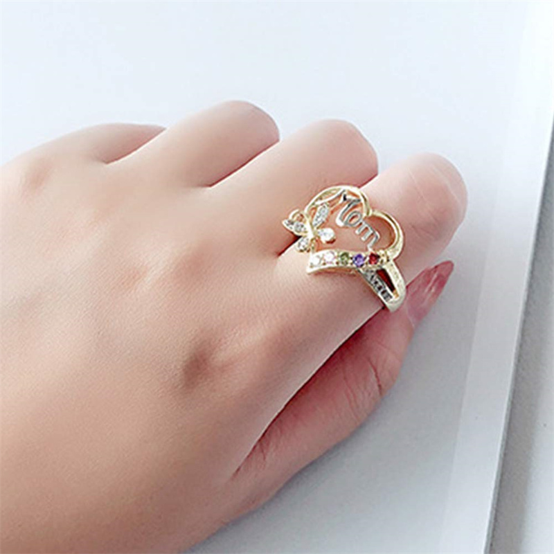 Mother's Day Gift Hollow Heart English Letter Love Mom Rhinestone Butterfly Ring Jewelry for Her - Image 7