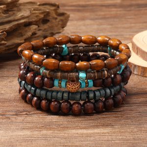 Handmade Five-Piece Bracelet with Turquoise Wooden Beads & Coconut Shells