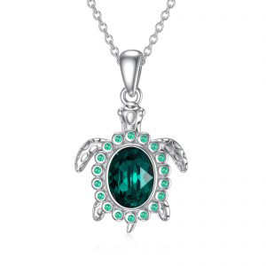 Elegant 925 Sterling Silver Green Crystal Turtle Necklace for Women