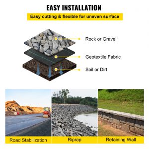 VEVOR 12.5 X 50 Ft Geotextile Fabric - 3.5oz Woven PP Driveway Drain Cloth, Heavy Duty Soil Stabilization Underlayment, 600lbs Tensile Strength, Black Weed Barrier for Landscaping, 12.5FT50FT-3.5OZ