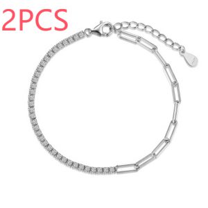 S925 Silver White Round Zirconium Inlaid Tennis Chain Clip Double Design Stylish Bracelet