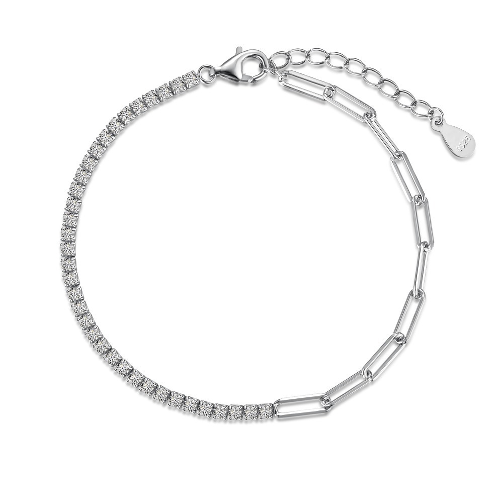 S925 Silver White Round Zirconium Inlaid Tennis Chain Clip Double Design Stylish Bracelet - Image 8