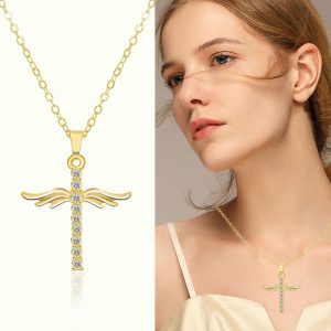 Angel Wings Cross Pendant Necklace for Women with O Type Stainless Steel Chain - Perfect Jewelry Gift