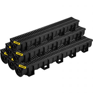VEVOR Trench Drain System - 6 Pack Channel Drain with Plastic Grate, 5.9x5.1-Inch HDPE Drainage for Garage, Garden & Driveway, Includes 6 End Caps