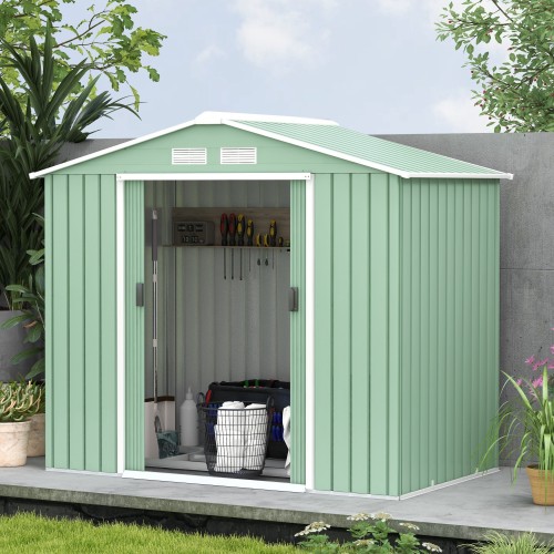 Outsunny 7 X 4ft Metal Garden Shed - Durable Outdoor Storage Tool House with Ventilation, Foundation Kit, and Secure Lockable Double Doors in Light Green