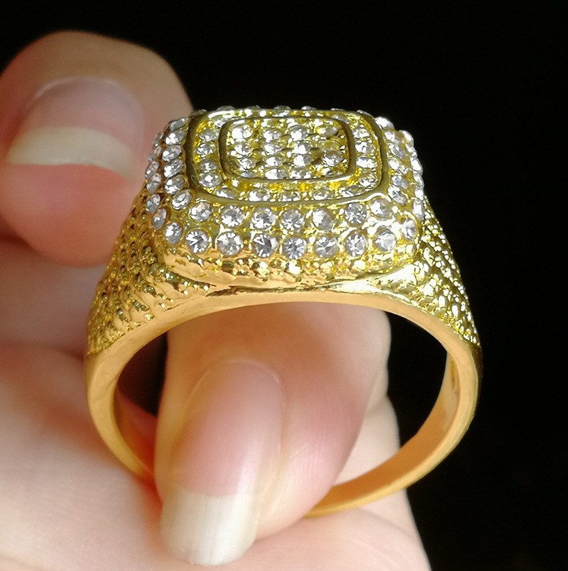 Gold-Plated Micro Inlaid Zircon Hip Hop Men's Ring with Full Diamond Accents