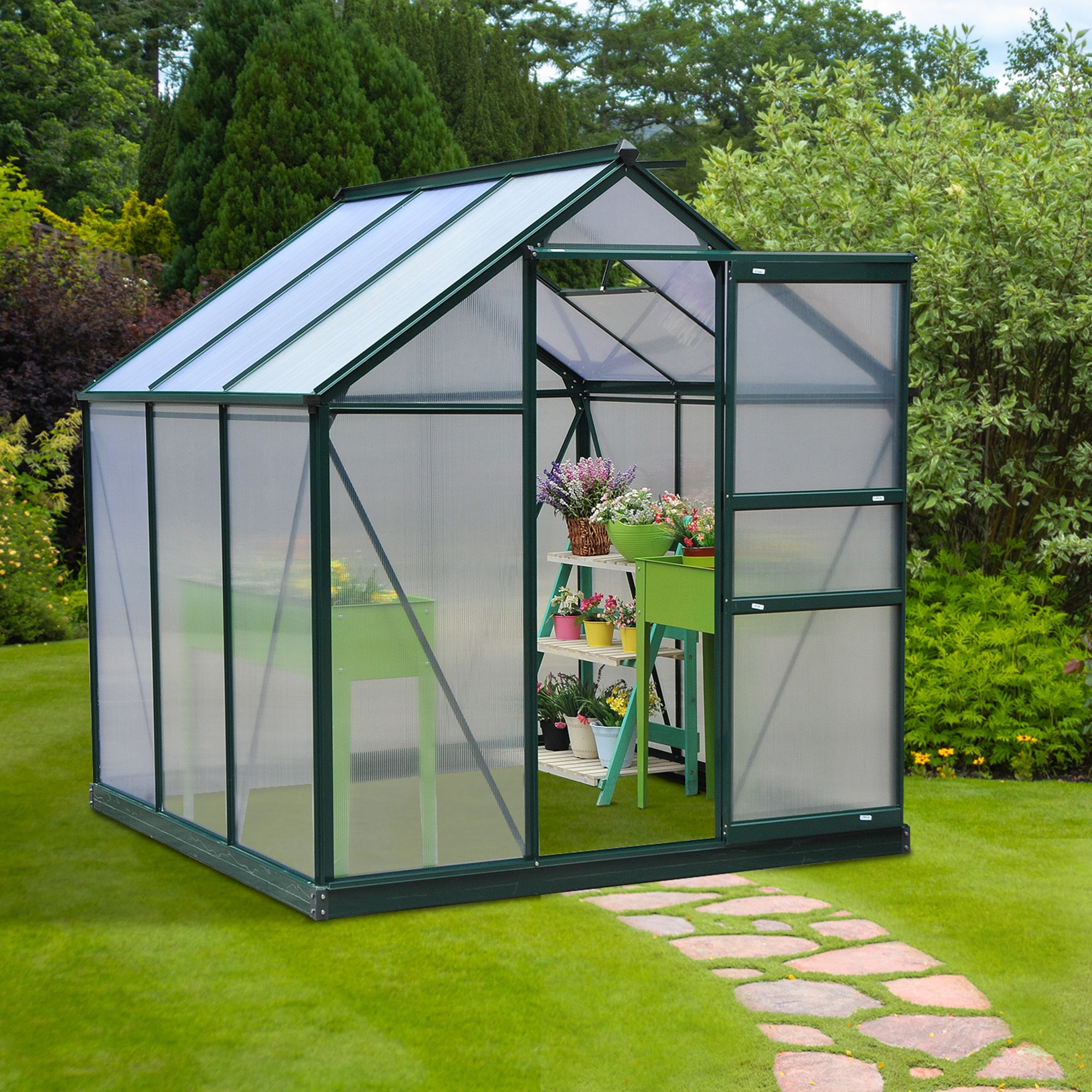 Portable 6 X 6 X 7 Walk-In Greenhouse - UV-Resistant Aluminum & Polycarbonate with Rooftop Vent - Dark Green Garden Solution