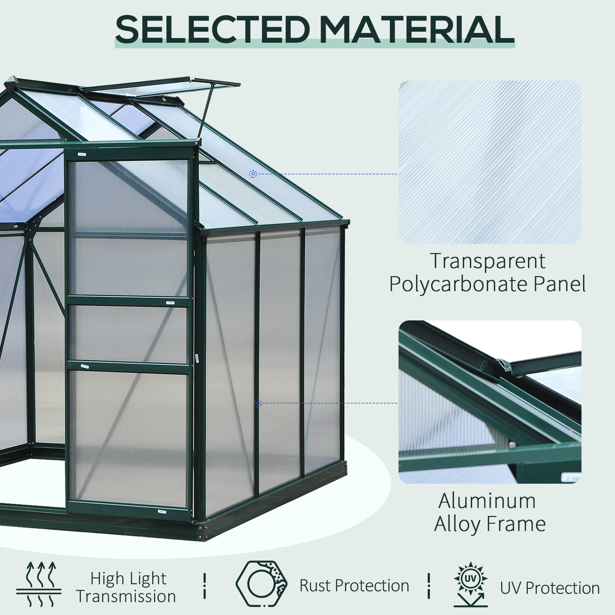 Portable 6 X 6 X 7 Walk-In Greenhouse - UV-Resistant Aluminum & Polycarbonate with Rooftop Vent - Dark Green Garden Solution - Image 3