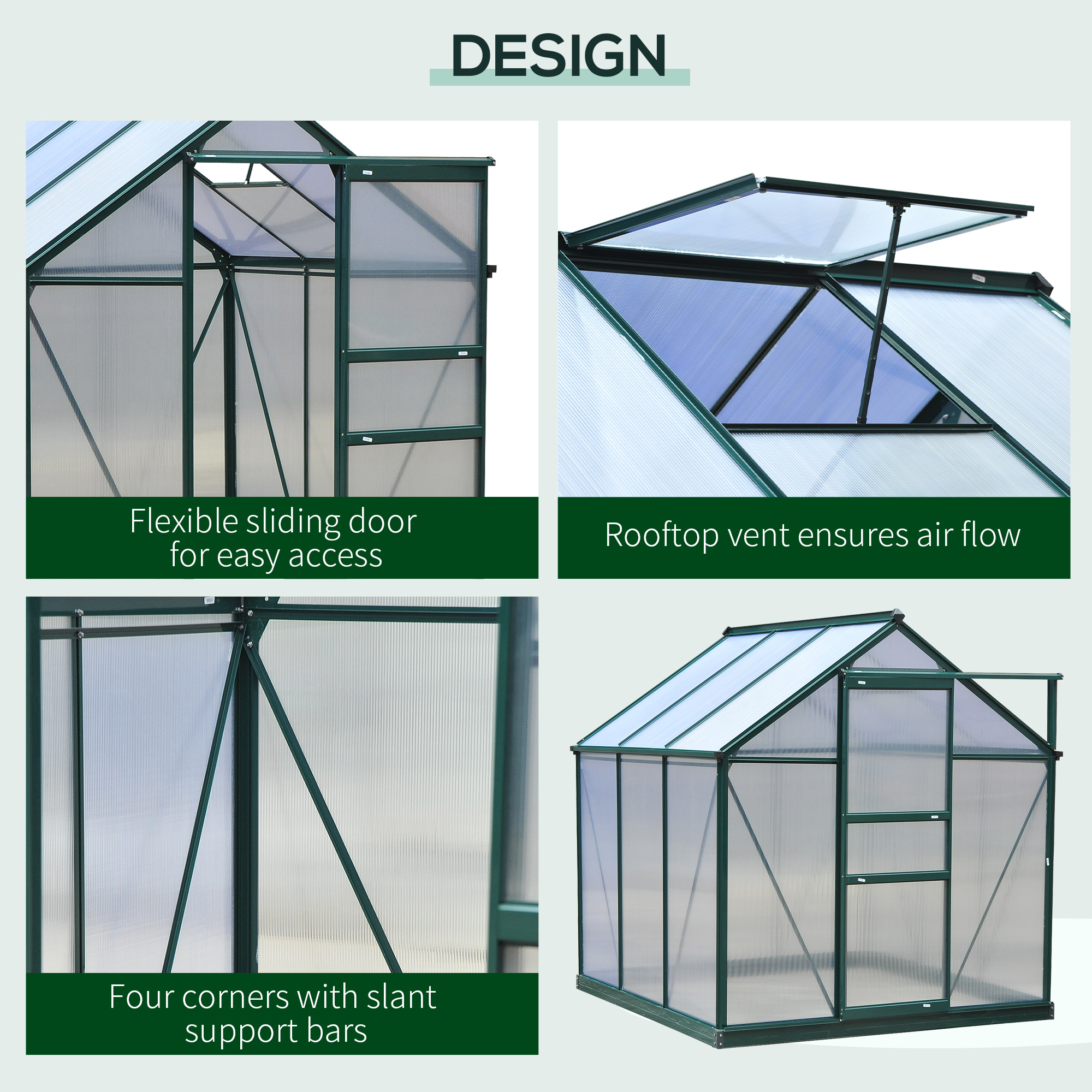 Portable 6 X 6 X 7 Walk-In Greenhouse - UV-Resistant Aluminum & Polycarbonate with Rooftop Vent - Dark Green Garden Solution - Image 7
