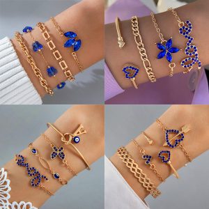 4pcs Blue Flower Love Butterfly Bracelet Set with Rhinestones - Perfect Valentine's Day Gift