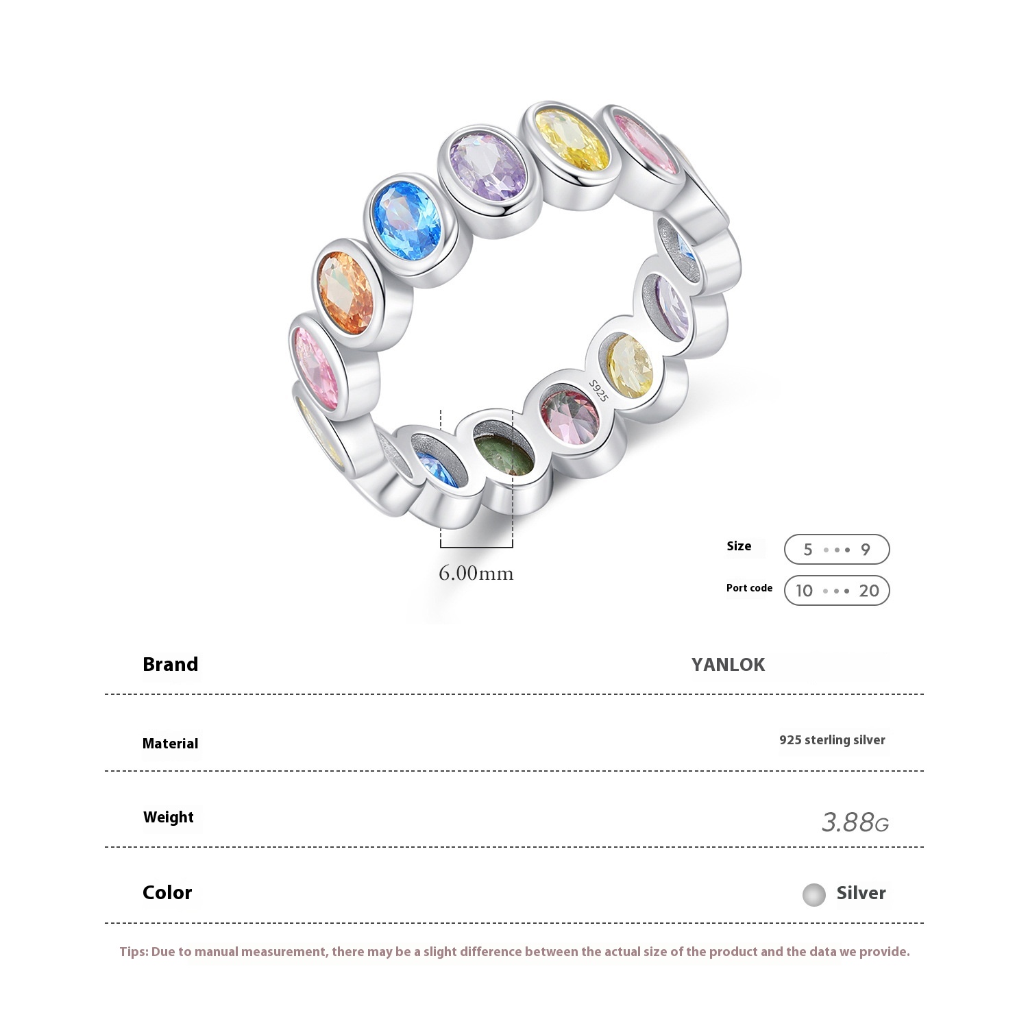 S925 Sterling Silver Stylish Original Color Oval Zircon Stackable Ring