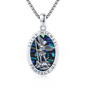 Saint Michael Pendant Necklace in 925 Sterling Silver with Abalone Shell