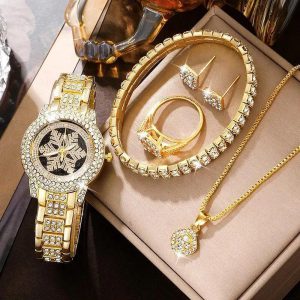 Luxury Snowflake Pattern Watch with Full Rhinestone Jewelry - Five-Piece Set