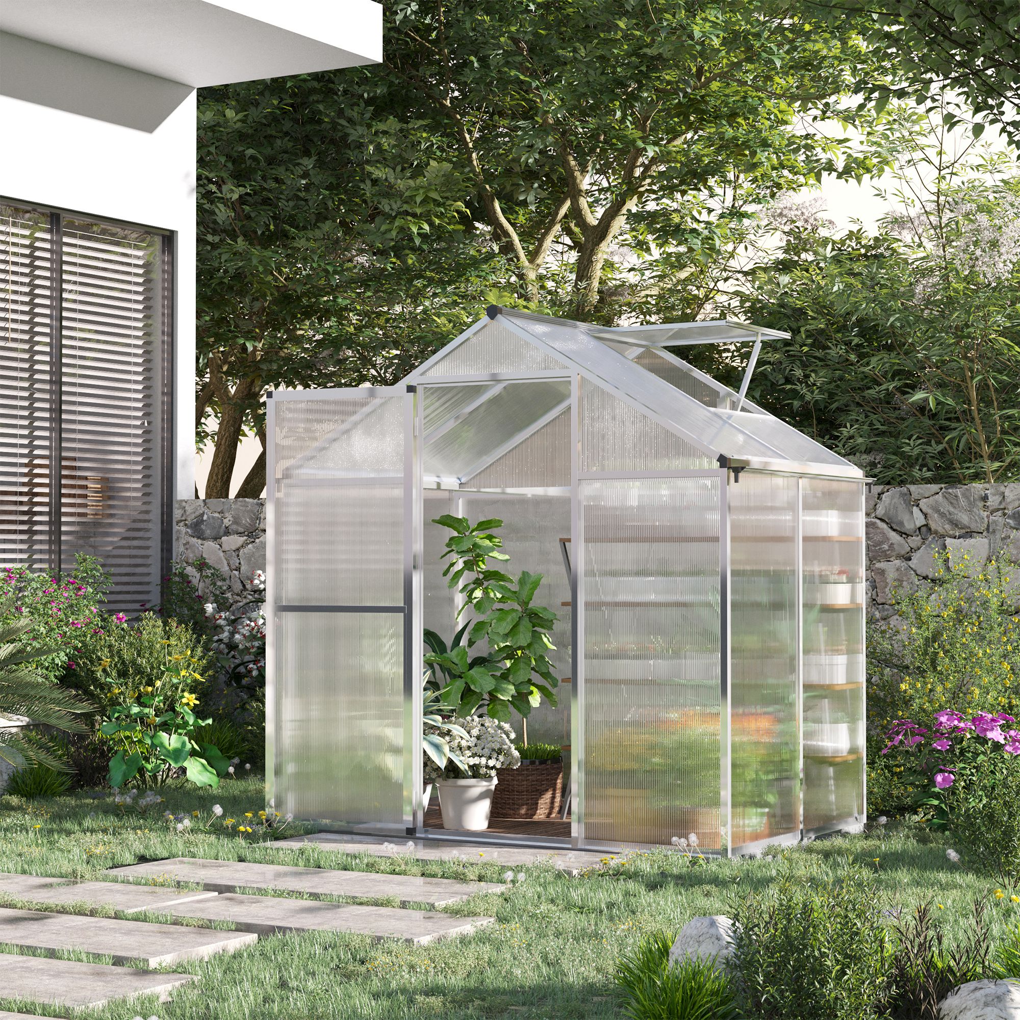 4' x 6' Walk-In Polycarbonate Greenhouse with Roof Vent - Durable Outdoor Winter Greenhouse, Clear Design