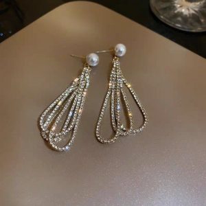 Elegant Drop-Shaped Full Diamond Pearl Earrings with Long Tassels