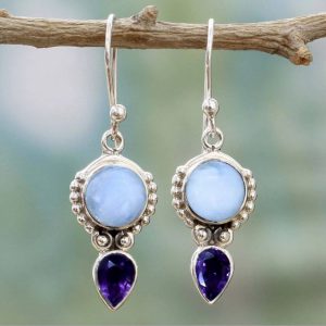 Exaggerated Vintage Thai Silver Moonstone Earrings with Pear-shaped Amethyst Water Drop Design