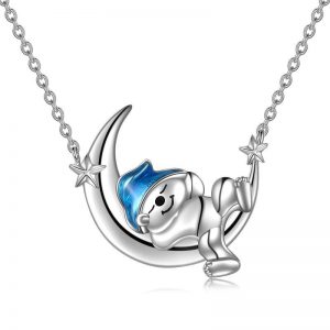 Sterling Silver Bear Necklace with Moon Pendant - Adorable Animal Jewelry Gifts for Women