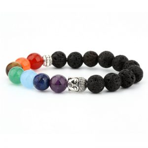 6mm Natural Stone Green Dongling Red Agate Yoga Chakra Bracelet with Buddha Head & Volcanic Stone Beads