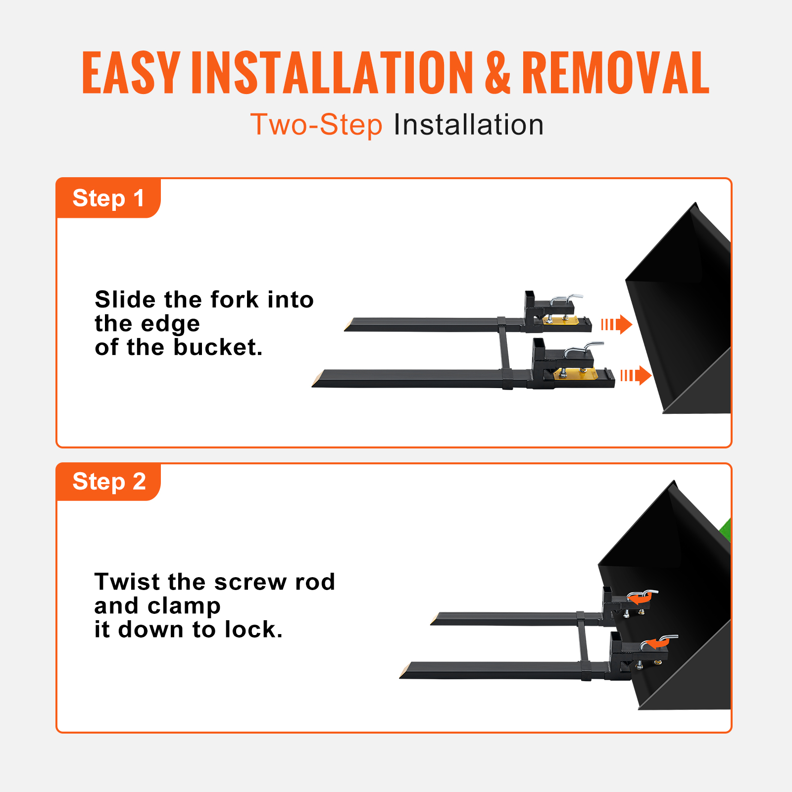 VEVOR Heavy Duty Pallet Forks, 4000 lbs Clamp-On, 60" Length with Adjustable Stabilizer Bar, Ideal Tractor Bucket Forks for Attachments, Skid Steer & Loader Bucket - Image 3