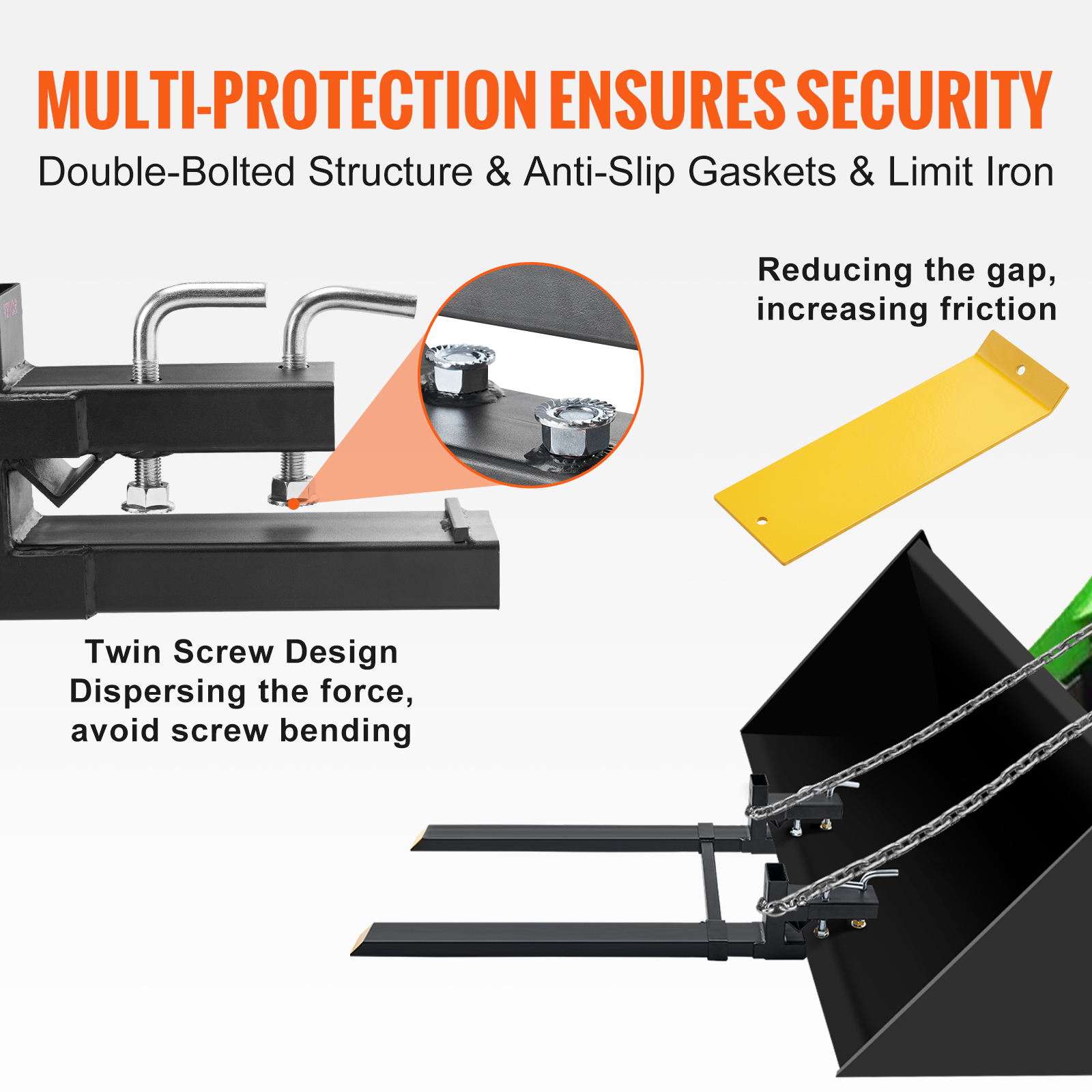 VEVOR Heavy Duty Pallet Forks, 4000 lbs Clamp-On, 60" Length with Adjustable Stabilizer Bar, Ideal Tractor Bucket Forks for Attachments, Skid Steer & Loader Bucket - Image 5