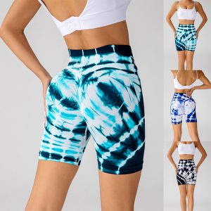 Fashionable Tie-Dye Printed Yoga Shorts - Seamless High-Waisted Hip-Lifting Fitness Pants for Women’s Sports and Running Apparel