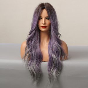 High-Temperature Silk Women's Wig - Medium Curly Hair in Purple Mixed Color