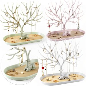 Elegant Deer Jewelry Display Stand with Storage Drawer - Crystal Handle Antlers Jewelry Organizer for Earrings, Necklaces, and Rings