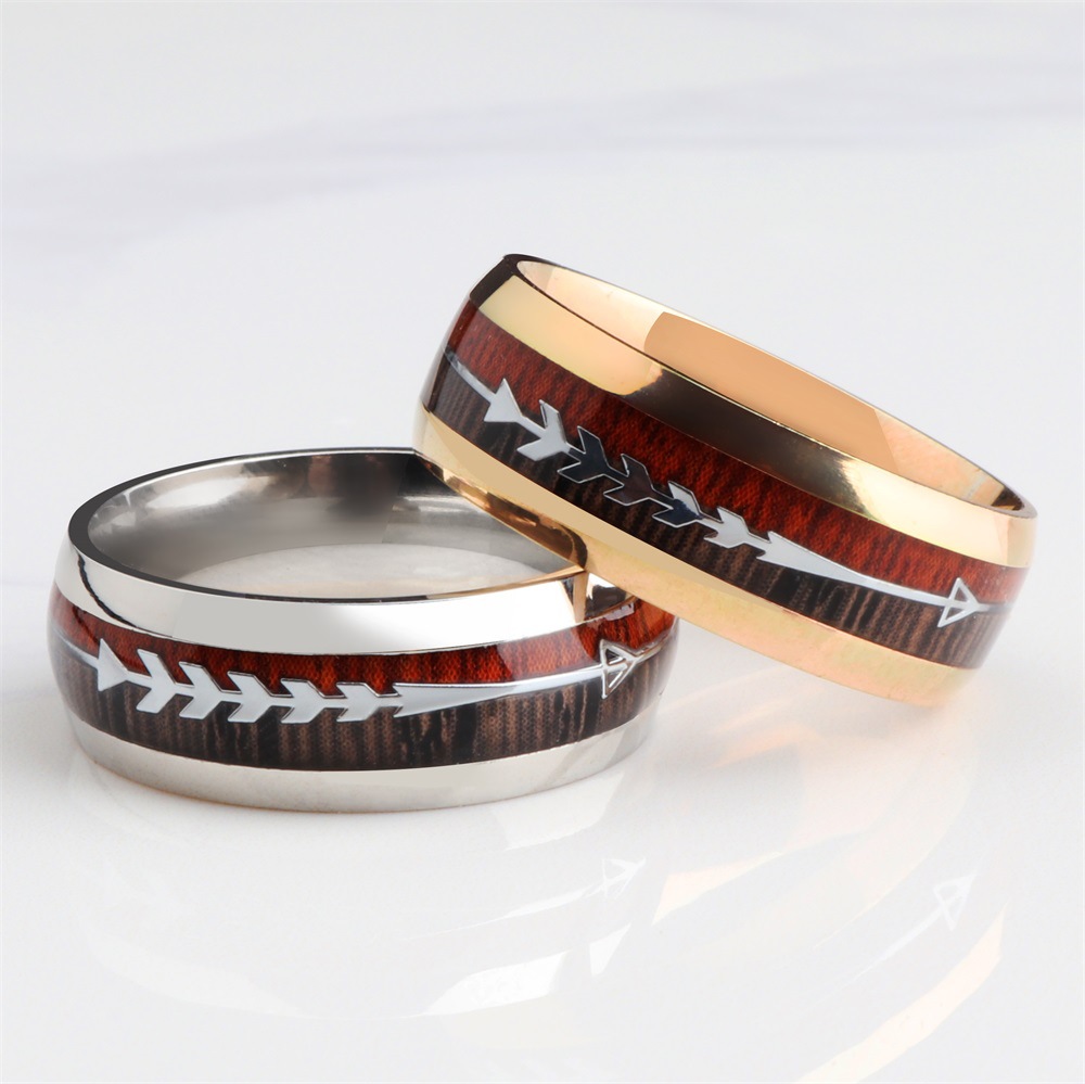 Stainless Steel Arrow Inlaid Ring with Elegant Wood Grain Design