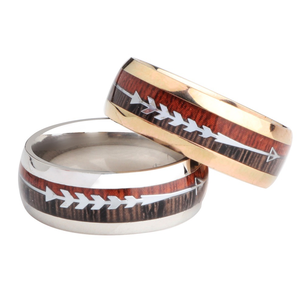 Stainless Steel Arrow Inlaid Ring with Elegant Wood Grain Design - Image 2