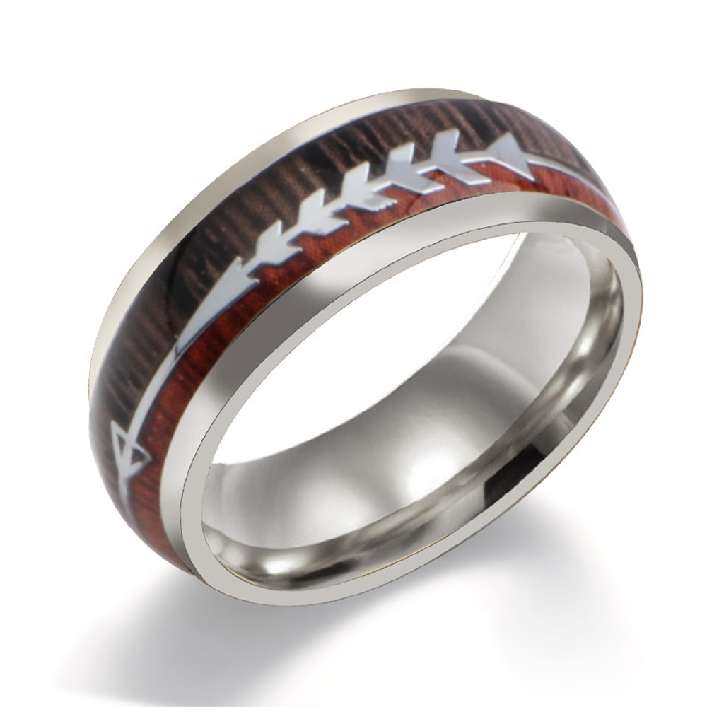Stainless Steel Arrow Inlaid Ring with Elegant Wood Grain Design - Image 3