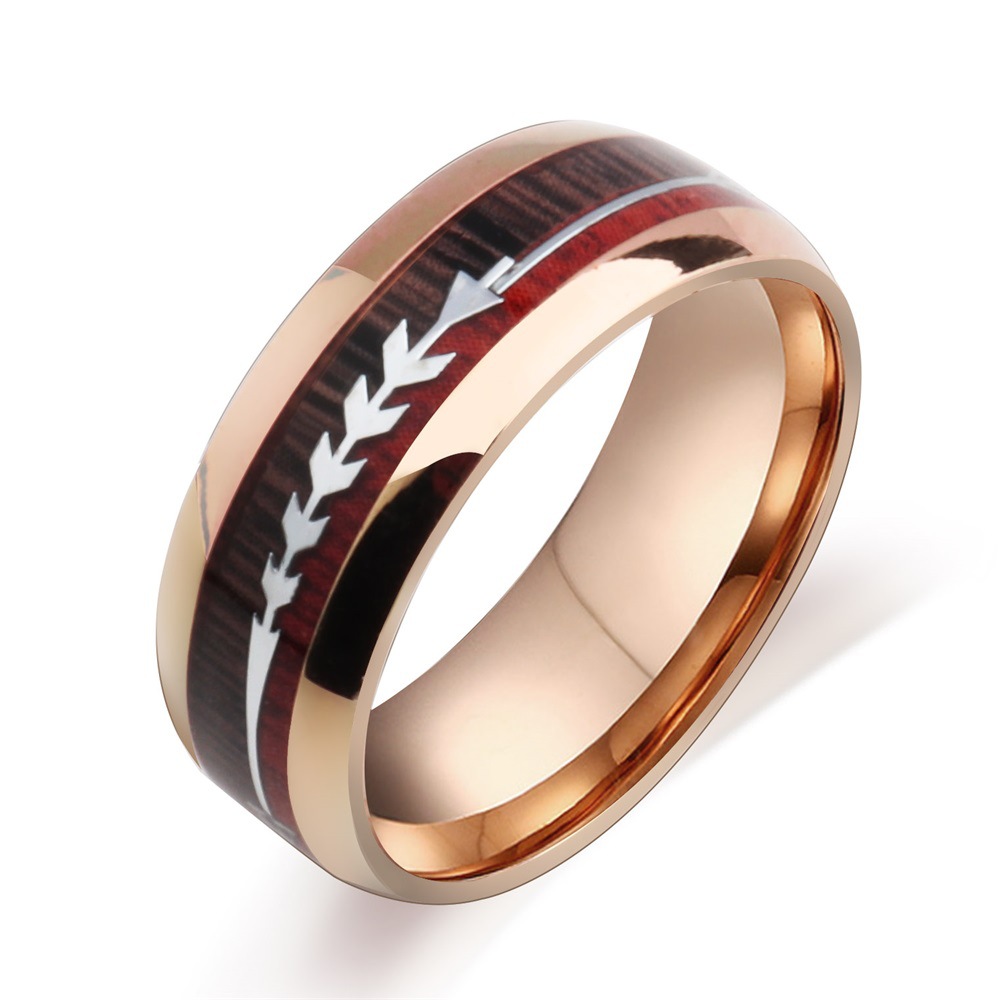 Stainless Steel Arrow Inlaid Ring with Elegant Wood Grain Design - Image 4