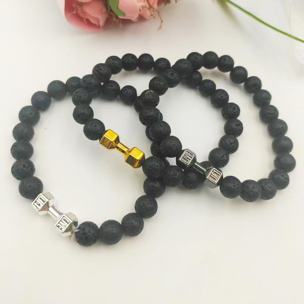 Men's Alloy Metal Barbell & Lava Rock Beads Fitness Dumbbell Bracelet - Stylish Jewelry for Him - Image 5