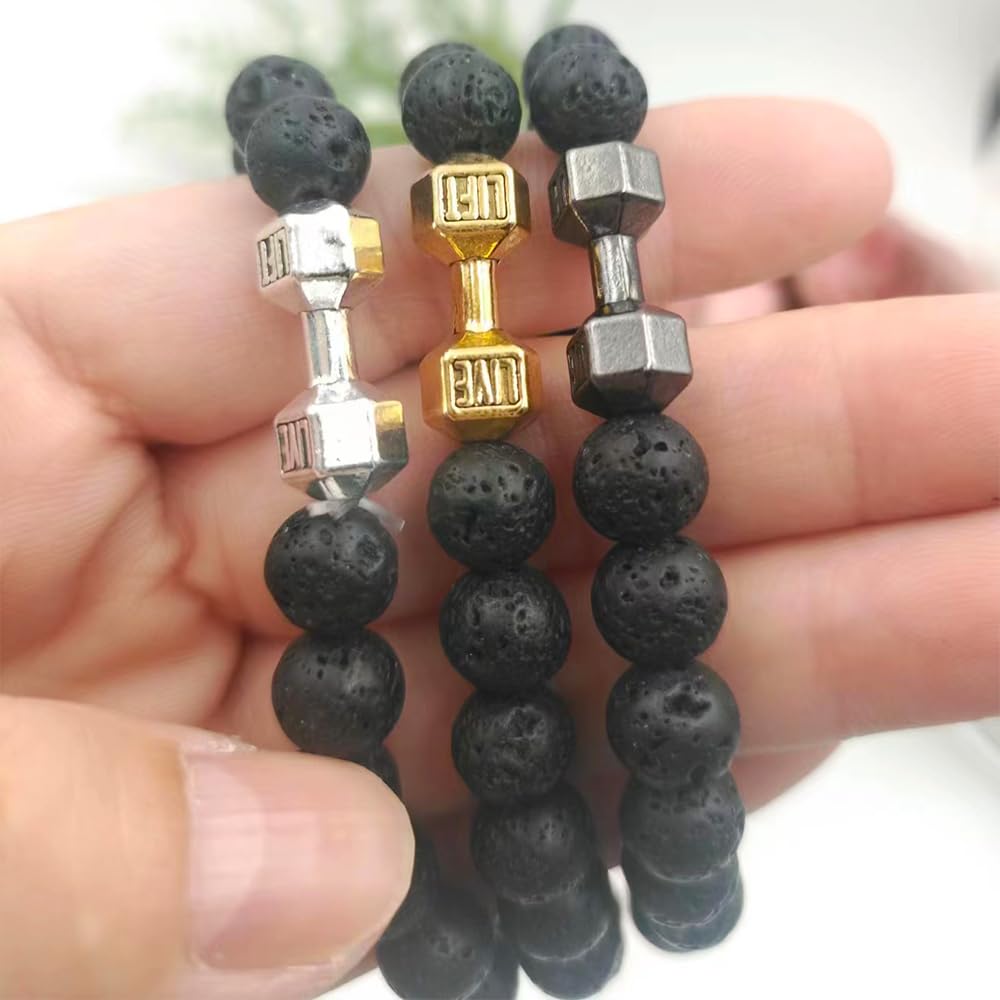 Men's Alloy Metal Barbell & Lava Rock Beads Fitness Dumbbell Bracelet - Stylish Jewelry for Him - Image 7