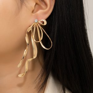 Stylish Irregular Large Bow Earrings for Women with Elegant Tassel Streamers