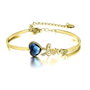 White Gold Plated Sterling Silver Love Heart Bangle Bracelet with Blue Crystals from Austria