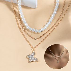 Stunning Multi-layer Pearl Pendant Necklace Set for Women - Elegant Butterfly Design, Perfect Girlfriend Gift for Parties & Fashion Jewelry