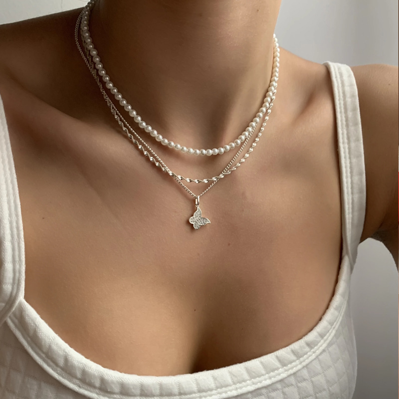 Stunning Multi-layer Pearl Pendant Necklace Set for Women - Elegant Butterfly Design, Perfect Girlfriend Gift for Parties & Fashion Jewelry - Image 2