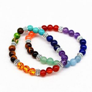 Reiki Ancient Silver Agate Tiger Colorful Crystal Bracelet - Seven Chakra Yoga Bracelet